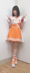 Rule 34 | 1girl, cheerleader, orange skirt, photo (medium), prima porta, sagara mayu, skirt, v