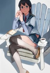 Rule 34 | 10s, 1girl, bad id, bad pixiv id, black hair, book, boots, chair, cup, glasses, hip vent, kantai collection, long hair, long sleeves, looking at viewer, makio (makiomeigenbot), md5 mismatch, necktie, ooyodo (kancolle), pleated skirt, saucer, school uniform, semi-rimless eyewear, serafuku, sitting, skirt, smile, solo, teacup, thigh boots, thighhighs