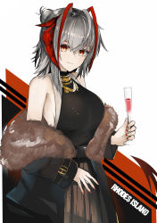 Rule 34 | + +, 1girl, akasabi, alternate costume, antenna hair, arknights, bare shoulders, black coat, black dress, breasts, closed mouth, coat, cowboy shot, cup, dress, drink, eyebrows hidden by hair, fur-trimmed coat, fur trim, gun, highres, holding, holding gun, holding weapon, horns, jewelry, large breasts, long sleeves, looking at viewer, multicolored hair, nail polish, necklace, off shoulder, red eyes, red hair, red nails, short hair, sideboob, silver hair, smile, solo, two-tone hair, w (arknights), weapon, white background