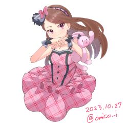 Rule 34 | absurdres, bow, breasts, brown hair, buttons, checkered clothes, checkered dress, commentary, dated, dress, hairband, hands up, highres, holding, holding stuffed toy, idolmaster, idolmaster (classic), long hair, looking at viewer, minase iori, omi (omico i), pink bow, pink dress, pink eyes, pink hairband, small breasts, smile, stuffed animal, stuffed rabbit, stuffed toy, twitter username, usa-chan (idolmaster), white background