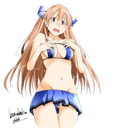 Rule 34 | 1girl, artist name, bikini, bikini skirt, blue bikini, boku (akamedou), breasts, brown eyes, collarbone, commentary request, cowboy shot, eyepatch bikini, gluteal fold, groin, hands on own chest, johnston (kancolle), kantai collection, light brown hair, long hair, medium breasts, navel, one-hour drawing challenge, open mouth, school uniform, serafuku, simple background, solo, swimsuit, two side up, white background