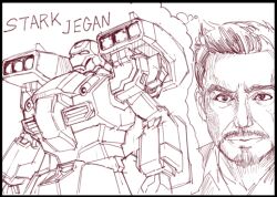 1boy beard clenched_hand collared_shirt facial_hair fusion gundam gundam_unicorn imagining iron_man jacket kin-san_(sasuraiga) looking_at_viewer marvel marvel_cinematic_universe mecha mecha_focus missile_pod mustache name_connection pun robot shirt short_hair sketch stark_jegan thought_bubble tony_stark