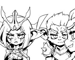 Rule 34 | 1boy, 2girls, alternate form, armor, blush, breasts, character request, cleavage, closed mouth, crossed arms, facial mark, fang, grey background, greyscale, league of legends, leblanc (league of legends), medium breasts, medium hair, monochrome, multiple girls, phantom ix row, pointy ears, scar, scar on face, short hair, shoulder armor, simple background, sweatdrop, upper body, wukong (league of legends)