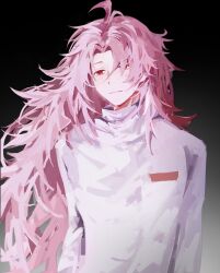 Rule 34 | 1boy, absurdres, ahoge, closed mouth, commentary request, eyebrows hidden by hair, gradient background, hatsutori hajime, high collar, highres, long hair, long sleeves, male focus, parted bangs, pink hair, red eyes, saibou shinkyoku, shirt, simple background, solo, upper body, yeyesongbing