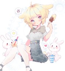 Rule 34 | 1girl, :o, anger vein, animal ears, black footwear, black skirt, blonde hair, blue eyes, buttons, commission, cup, disposable cup, drinking straw, eyelashes, feet out of frame, floppy ears, food, grey shirt, grey sleeves, heart, heart in eye, high-waist skirt, holding, holding food, holding popsicle, lace, lace-trimmed shirt, lace trim, light blush, looking at viewer, mary janes, miniskirt, original, over-kneehighs, parted lips, pink lips, pleated skirt, popsicle, rabbit, rabbit ears, rabbit tail, shirt, shoes, short hair, short sleeves, simple background, skirt, socks, solo, spoken anger vein, spoken heart, spoken star, star (symbol), suna--chan, symbol in eye, tail, thighhighs, white background, white socks