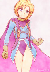 Rule 34 | 1girl, blonde hair, blue eyes, breasts, cape, closed mouth, dress, gloves, ilia silvestri, leotard, long hair, looking at viewer, medium breasts, natsuki megumi, simple background, smile, solo, star ocean, star ocean first departure