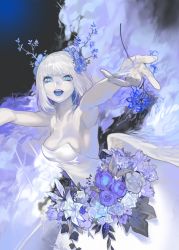 Rule 34 | 1girl, armpits, bad id, bad pixiv id, bare shoulders, blue eyes, blue flower, blue tongue, breasts, colored skin, commentary request, dress, fangs, feathered wings, flower, hair flower, hair ornament, highres, large breasts, looking at viewer, low wings, medium breasts, ohisashiburi, open mouth, original, outstretched arms, short hair, silver hair, slit pupils, smoke, solo, upper body, wedding dress, white skin, wings