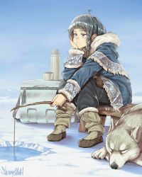 Rule 34 | 1girl, animal, artist name, black hair, blue sky, braid, clothing request, day, dog, fishing, fishing rod, fur trim, head rest, highres, holding, holding fishing rod, holding stick, husky, ice, ice fishing, long sleeves, original, outdoors, pants, red eyes, short hair, side braid, signature, single sidelock, skinnysloth, sky, stick, stool, thermos, winter clothes