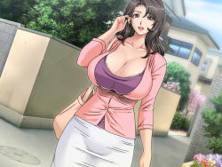 Rule 34 | 1girl, bag, breasts, bursting breasts, cleavage, gaden, tucking hair, handbag, huge breasts, looking at viewer, mature female, mole, mole under eye, pink shirt, playing with own hair, road, shirt, skirt, smile, solo, standing, street, tight skirt, white skirt