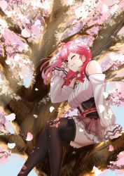 Rule 34 | 1girl, absurdres, adjusting hair, ahoge, black corset, black thighhighs, branch, breasts, cherry blossoms, cherry tree, corset, detached sleeves, falling petals, feet out of frame, floating hair, green eyes, hand up, highres, hololive, in tree, kuara-mai19, long hair, looking at viewer, medium breasts, one eye closed, petals, pink hair, plaid, plaid skirt, sakura miko, sakura miko (casual), shirt, sitting, sitting in tree, skirt, sleeveless, sleeveless shirt, smile, solo, thighhighs, tree, virtual youtuber, white shirt, wind