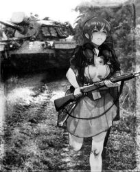 Rule 34 | 1girl, bolt action, closed eyes, dongsa wonhyong, flight deck, greyscale, gun, holding, holding gun, holding weapon, intrepid (kancolle), kantai collection, m1903 springfield, military, military vehicle, monochrome, motor vehicle, neck pillow, open clothes, open shirt, photo background, ponytail, rifle, running, shirt, short sleeves, skirt, solo, sweat, tank, vietnam war, weapon