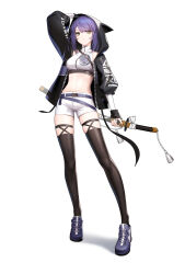Rule 34 | 1girl, absurdres, animal ear hood, arm up, belt, black jacket, black nails, black thighhighs, blue footwear, breasts, closers, clothes writing, collarbone, crop top, eunha (closers), expressionless, fake animal ears, full body, green eyes, hand on own head, highres, hood, hood up, hooded jacket, jacket, looking at viewer, medium breasts, midriff, navel, official art, open clothes, open jacket, purple hair, shirt, shoes, short hair, short shorts, shorts, skindentation, sleeveless, sleeveless shirt, sleeveless turtleneck, sneakers, solo, standing, stomach, tachi-e, thighhighs, turtleneck, white background, white shirt, white shorts