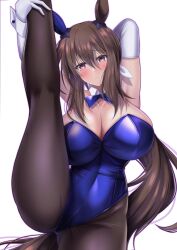 Rule 34 | 1girl, absurdres, admire vega (umamusume), alternate costume, animal ears, armpits, arms up, black pantyhose, bow, bowtie, breasts, brown eyes, brown hair, cela f, cleavage, commentary request, cowboy shot, detached sleeves, ear covers, elbow gloves, gloves, highres, horse ears, horse girl, horse tail, kneepits, large breasts, legs, leotard, long hair, looking at viewer, nontraditional miko, nontraditional playboy bunny, pantyhose, ponytail, purple bow, purple bowtie, purple leotard, simple background, single ear cover, solo, split, standing, standing on one leg, standing split, strapless, strapless leotard, tail, umamusume, very long hair, white background, white gloves, wrist cuffs