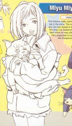 Rule 34 | 00s, 1girl, animal, animal hug, carrying, carrying under arm, cat, coat, fat, flcl, jacket, looking at viewer, magazine scan, miniskirt, miyu miyu, one eye closed, open clothes, open mouth, samejima mamimi, scan, short hair, sketch, skirt, smile