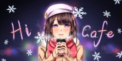 Rule 34 | 1girl, brown hair, coffee, hat, highres, long hair, looking at viewer, open mouth, original, purple eyes, red scarf, scarf, solo, tongue, zaregoto tsukai no deshi