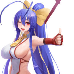 Rule 34 | 1girl, antenna hair, backless outfit, bare shoulders, blazblue, blazblue: central fiction, blazblue variable heart, blue hair, blush, bow, breasts, covered navel, gloves, hair between eyes, hair bow, halterneck, halterneck, hand up, kaeru (meriruou), large breasts, long hair, looking at viewer, mai natsume, midriff, navel, no bra, one eye closed, open mouth, ponytail, purple eyes, red gloves, revealing clothes, ribbon, sideboob, sidelocks, simple background, smile, solo, stomach, thumbs up, upper body, very long hair, white background, yellow bow