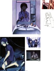 Rule 34 | 1990s (style), 3girls, abe yoshitoshi, absurdres, artbook, bandages, barefoot, bathroom, blazer, broken, brown eyes, brown hair, brushing teeth, computer, cup, escalator, from above, highres, iwakura lain, jacket, keyboard (computer), kneeling, mirror, monochrome, mouse (computer), multiple girls, official art, partially colored, retro artstyle, scan, school uniform, serial experiments lain, short hair, sink, sketch, stairs, toothbrush, traditional media, window, yonera touko