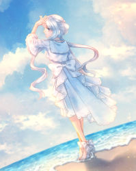 Rule 34 | 1girl, beach, blue sky, bow, cloud, creatures (company), day, dewgong, dress, dutch angle, facing away, full body, game freak, gen 1 pokemon, hairband, high heels, highres, horns, jewelry, looking to the side, moe (hamhamham), necklace, nintendo, outdoors, personification, pokemon, single horn, sky, solo, standing, twintails, white bow, white dress