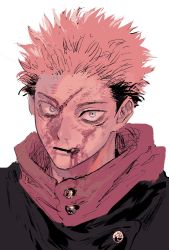 Rule 34 | 1boy, bad id, bad twitter id, bleeding, blood, blood on face, blue eyes, collarbone, expressionless, facial scar, high collar, highres, itadori yuuji, jujutsu kaisen, looking at viewer, male focus, multicolored hair, pink hair, portrait, scar, scar across eye, scar on cheek, scar on face, simple background, solo, spiked hair, syrnrr, two-tone hair, uniform, white background