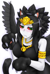 Rule 34 | 1girl, animal ears, animal hands, armband, bare shoulders, bell, black dress, black hair, black wings, blush, cat ears, cat tail, claws, collarbone, colored sclera, colored skin, dress, duel monster, embarrassed, emblem, fabled grimro, fake animal ears, feathers, female focus, green eyes, hairband, jewelry, jingle bell, long hair, long image, looking at viewer, monster girl, multicolored eyes, necklace, pataneet, paw pose, pointy ears, red sclera, simple background, solo, tail, tall image, tiara, updo, upper body, white background, white skin, wings, yu-gi-oh!, yu-gi-oh! duel monsters
