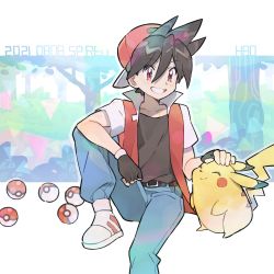 Rule 34 | 1boy, backwards hat, bad id, bad twitter id, baseball cap, blue pants, blush, brown shirt, commentary request, creatures (company), dated, fingerless gloves, game freak, gen 1 pokemon, gloves, grin, hair between eyes, hat, headpat, highres, jacket, male focus, nintendo, open clothes, open jacket, pants, pikachu, poke ball, poke ball (basic), pokemon, pokemon (creature), pokemon adventures, rata (m40929), red (pokemon), red eyes, shirt, shoes, short hair, short sleeves, sitting, smile, teeth, white footwear