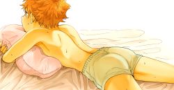 Rule 34 | 10s, 1boy, ass, ass focus, blush, boxers, from behind, haikyuu!!, hinata shouyou, male focus, male underwear, matching hair/eyes, on bed, orange eyes, orange hair, pillow, seia, short hair, simple background, solo, sweat, topless male, underwear