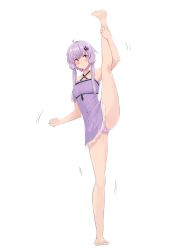 Rule 34 | 1girl, :&lt;, absurdres, ahoge, arm up, armpits, bare arms, bare legs, bare shoulders, barefoot, blush, closed mouth, collarbone, covered navel, criss-cross halter, dress, halterneck, highres, leg up, motion lines, panties, pantyshot, purple dress, purple panties, short dress, short hair with long locks, sidelocks, simple background, solo, split, standing, standing on one leg, standing split, sweat, underwear, upskirt, vocaloid, voiceroid, white background, yuzuki yukari, zooanime