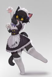 Rule 34 | 1girl, animal ears, animal nose, apron, black fur, black hair, body fur, borrowed character, bow, cat ears, cat tail, dress, female focus, frills, furry, furry female, gradient background, grey background, hair bow, highres, maid, maid apron, maid headdress, open mouth, original, paw pose, pawpads, short hair, skirt, solo, standing, standing on one leg, tail, thighhighs, uyu (soda uyu), white fur, white thighhighs, yellow eyes