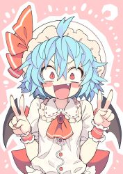 Rule 34 | 1girl, :d, absurdres, ahoge, bat wings, blouse, blue hair, blush stickers, breasts, brooch, commentary, double v, fang, hat, highres, jewelry, mob cap, morino hon, open mouth, red eyes, remilia scarlet, sash, shirt, short hair, small breasts, smile, solo, symbol-only commentary, touhou, upper body, v, v-shaped eyebrows, wide-eyed, wings, wrist cuffs