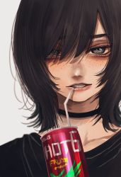 Rule 34 | 1girl, black eyes, black hair, blue background, braces, can, choker, commentary request, drinking straw, freckles, grin, hair over one eye, highres, hoshi san 3, looking at viewer, medium hair, original, simple background, smile, solo