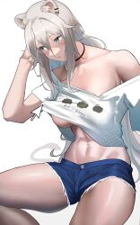 Rule 34 | 1girl, abs, absurdres, animal ears, black choker, blue shorts, breasts, choker, clothes lift, cutoffs, ear piercing, fourth wall, grey eyes, grey hair, hair between eyes, highres, hololive, large breasts, lion ears, lion girl, lion tail, long hair, loose clothes, loose shirt, mouse cursor, navel, no bra, off shoulder, official alternate costume, oversized clothes, oversized shirt, parted lips, piercing, shirt, shirt lift, shishiro botan, shishiro botan (casual), short sleeves, shorts, simple background, single bare shoulder, solo, t-shirt, tail, thighs, underboob, usagits 00, very long hair, virtual youtuber, white background, white shirt