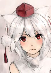 Rule 34 | 1girl, absurdres, animal ears, frown, gradient background, hat, highres, inubashiri momiji, leaning, looking at viewer, nagata nagato, pom pom (clothes), red eyes, short hair, sketch, solo, tokin hat, touhou, upper body, white hair, wolf ears