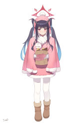 Rule 34 | 1girl, artist name, bag, black hair, black horns, blue archive, boots, brown footwear, demon horns, food, full body, fur-trimmed boots, fur trim, fuuka (blue archive), halo, hat, highres, holding, holding bag, horns, long hair, mittens, pantyhose, paper bag, pink hat, pink mittens, pom pom (clothes), red eyes, red halo, scarf, signature, simple background, solo, sweet potato, tomid, twintails, white background, white pantyhose, white scarf