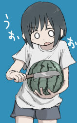 Rule 34 | 1girl, biting, black hair, blue background, commentary request, cowboy shot, creature, grey shorts, holding, holding knife, holding watermelon, kitchen knife, knife, looking at food, looking down, no sclera, open mouth, original, shirt, short hair, short shorts, short sleeves, shorts, simple background, solo, standing, surprised, t-shirt, umi ha kirai, v-shaped eyebrows, white eyes, white shirt, wide-eyed