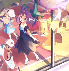 Rule 34 | 1boy, 2girls, :3, :d, absurdres, acerola (pokemon), armlet, banette, brown eyes, brown hair, collarbone, commentary request, copyright name, creatures (company), dhelmise, dress, drifblim, froslass, game freak, gen 3 pokemon, gen 4 pokemon, gen 7 pokemon, hair ornament, hat, highres, huge filesize, indoors, multiple girls, nagatsukiariake, nintendo, open mouth, palossand, pokemon, pokemon (creature), pokemon sm, preschooler (pokemon), purple hair, sandals, school hat, shoes, short hair, short sleeves, smile, socks, standing, stitches, toes, topknot, white legwear