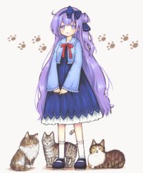 Rule 34 | 1girl, :d, animal, azur lane, blue bow, blue dress, blue footwear, blue hairband, blue ribbon, blue shirt, blush, bow, brown background, cat, collarbone, commentary request, dress, full body, hair between eyes, hair bow, hair bun, hair ribbon, hairband, kneehighs, long hair, long sleeves, mary janes, one side up, open mouth, paw print, paw print background, purple eyes, purple hair, red bow, ribbon, sakurato ototo shizuku, shadow, shirt, shoes, side bun, single hair bun, single side bun, sleeves past wrists, smile, socks, solo, standing, unicorn (azur lane), very long hair, white socks, wide sleeves
