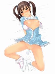 Rule 34 | 1girl, bed, bedwetting, blue dress, blush, bra, breasts, breasts out, brown eyes, brown hair, cleft of venus, clothes lift, dress, gossa-tei, hair bobbles, hair ornament, long hair, looking at viewer, lying, open bra, open clothes, open dress, panties, panties around one ankle, panties around leg, peeing, peeing self, polka dot, polka dot bra, polka dot panties, pubic hair, puddle, purposeful wetting, pussy, restrained, shirt lift, short sleeves, small breasts, socks, spread legs, tears, thighhighs, uncensored, underwear, white bra, white panties, white socks