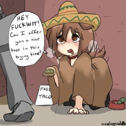 Rule 34 | 1girl, 1other, @ @, absurdres, afterimage, ahoge, all fours, animal ears, artist name, blush, bowl, breath, brown eyes, brown hair, coin, collar, dog bowl, dog ears, dog girl, dog tail, english text, eyes visible through hair, food, hair between eyes, hand on ground, hat, heavy breathing, highres, holding, holding food, it&#039;s always sunny in philadelphia, kneeling, leash, looking at another, looking up, medium hair, meme, money, motion lines, nuelogical, on ground, open mouth, original, outdoors, pet bowl, profanity, red collar, shadow, sign, solo focus, sombrero, speech bubble, sweat, taco, tail, tail wagging, tongue, tongue out, trembling, walking, watermark