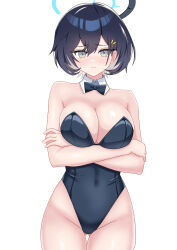Rule 34 | 1girl, absurdres, alternate costume, bare shoulders, black bow, black bowtie, black hair, black leotard, blue archive, blush, bow, bowtie, breasts, chihiro (blue archive), cleavage, closed mouth, collarbone, commentary request, covered navel, cowboy shot, crossed arms, detached collar, gluteal fold, groin, hair between eyes, hair ornament, halo, highres, ikurage (namakurage 13), large breasts, leotard, light blush, looking at viewer, no eyewear, playboy bunny, rabbit hair ornament, short hair, sidelocks, simple background, solo, standing, strapless, strapless leotard, thigh gap, traditional bowtie, white background