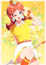 Rule 34 | 1girl, breasts, brown hair, collared shirt, crown, earrings, flower earrings, gloves, golf club, grin, highres, indisk irio, jewelry, leg up, legs, long hair, looking at viewer, mario (series), mario golf, mario golf: super rush, nintendo, one eye closed, open mouth, princess daisy, shirt, skirt, smile, solo, tomboy, v, wink, yellow background