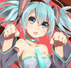 Rule 34 | 1girl, aqua hair, bad id, bad pixiv id, bare shoulders, blue eyes, choker, detached sleeves, hatsune miku, merumayu, necktie, open mouth, paw pose, simple background, solo, twintails, vocaloid, ytk (yutta-p)