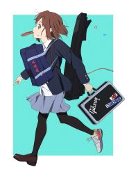 Rule 34 | 1girl, asymmetrical footwear, bag, black pantyhose, border, brown eyes, brown hair, collared shirt, commentary request, food in mouth, from side, grey skirt, highres, hirasawa yui, holding, k-on!, long sleeves, mismatched footwear, pantyhose, pleated skirt, running, sakuragaoka high school uniform, sakurayama (59 sakurayama), school bag, school uniform, shirt, short hair, simple background, skirt, solo, two-tone background, white border, white shirt