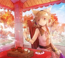 Rule 34 | 1girl, autumn leaves, bare shoulders, bracelet, brown eyes, brown hair, chair, cup, dress, earmuffs, food, hand on lap, holding, jewelry, leaf, makuwauri, pink dress, plate, shirt, sitting, sketch, sleeveless, sleeveless dress, sleeveless shirt, smile, solo, steam, table, teacup, teapot, touhou, toyosatomimi no miko, tray, tree