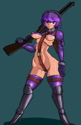 1girl armor breasts crotch_strap eyelashes female_focus full_body gloves greaves green_background gun hair_between_eyes holding holding_gun holding_weapon large_breasts martyr_(the_citadel) matching_hair/eyes nipples purple_eyes purple_gloves purple_hair purple_shirt purple_thighhighs shirt simple_background solo standing the_citadel thigh_strap thighhighs weapon