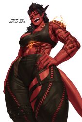 Rule 34 | 1girl, abs, absurdres, baldur&#039;s gate, baldur&#039;s gate 3, black bra, black hair, black pants, bra, breasts, broken horn, cleavage, colored skin, dungeons &amp; dragons, english text, fingernails, from below, hand on own hip, highres, horns, karlach, large breasts, looking at viewer, medium hair, muscular, muscular female, open mouth, orange eyes, pants, pointy ears, red skin, sharp fingernails, simple background, smile, solo, sotcho, tail, teeth, thick thighs, thighs, tiefling, underwear, white background
