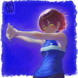 Rule 34 | 1girl, bare arms, bare shoulders, blue shirt, blush, brown hair, closed mouth, dated, green eyes, hair between eyes, highres, ikeda (cpt), interlocked fingers, looking at viewer, multicolored eyes, original, own hands together, purple background, shirt, short hair, smile, solo, stretching, upper body, yellow eyes