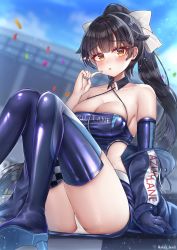 Rule 34 | 1girl, absurdres, artist name, asymmetrical gloves, azur lane, back cutout, bare shoulders, belt, black hair, blue nails, blush, boots, breasts, cleavage, clothing cutout, confetti, cosplay, dress, enterprise (azur lane), enterprise (azur lane) (cosplay), enterprise (wind catcher) (azur lane), fingerless gloves, gloves, halter dress, halterneck, high heels, high ponytail, highres, himeno ame, large breasts, long hair, looking at viewer, microdress, nail polish, official alternate costume, outdoors, panties, pantyshot, ponytail, purple dress, purple footwear, race queen, racetrack, single fingerless glove, sitting, solo, takao (azur lane), thigh boots, thighhighs, underwear, uneven gloves, very long hair, white belt, white panties, yellow eyes