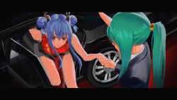 Rule 34 | 2girls, absurdres, arknights, blue hair, car, ch&#039;en (ageless afterglow) (arknights), ch&#039;en (arknights), china dress, chinese clothes, commentary, double bun, dragon girl, dragon horns, dragon tail, dress, formal, green hair, hair bun, highres, holding hands, horns, hoshiguma (arknights), letterboxed, long hair, motor vehicle, multiple girls, official alternate costume, parted lips, ponytail, red dress, red eyes, sidelocks, single horn, skin-covered horns, sleeveless, sleeveless dress, suit, tail, yurusu delight
