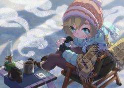 Rule 34 | 1girl, absurdres, backlighting, blonde hair, blue coat, blue eyes, blue scarf, blush, boots, bright pupils, cellphone, chair, coat, coffee, cup, female focus, fingerless gloves, fur-trimmed boots, fur trim, gloves, highres, knit hat, lantern, looking at viewer, mug, original, outdoors, own hands together, pants, phone, pom pom (clothes), scarf, shawl, sitting, smartphone, smile, solo, white pupils, winter clothes, yaginuma pozi