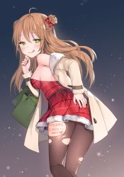 Rule 34 | 1girl, ;d, arm behind back, armpit peek, bad id, bad pixiv id, bag, bare shoulders, belt, blush, bow, breasts, brown hair, brown pantyhose, buckle, christmas, cleavage, coat, collarbone, dated, double bun, dress, duffel coat, from behind, from side, fur trim, girls&#039; frontline, green eyes, hair bow, hair bun, half-closed eyes, hand on own hip, hand on own face, hand up, holding, holding bag, leaning forward, long hair, looking at viewer, medium breasts, merry christmas, night, night sky, official alternate costume, one eye closed, open clothes, open coat, open mouth, outdoors, pantyhose, red bow, red dress, rfb (girls&#039; frontline), rfb (how rfb stole xmas) (girls&#039; frontline), santa costume, sidelocks, signature, sky, smile, snow, snowing, solo, sparkle, standing, star (symbol), thighs, torn clothes, torn pantyhose, v
